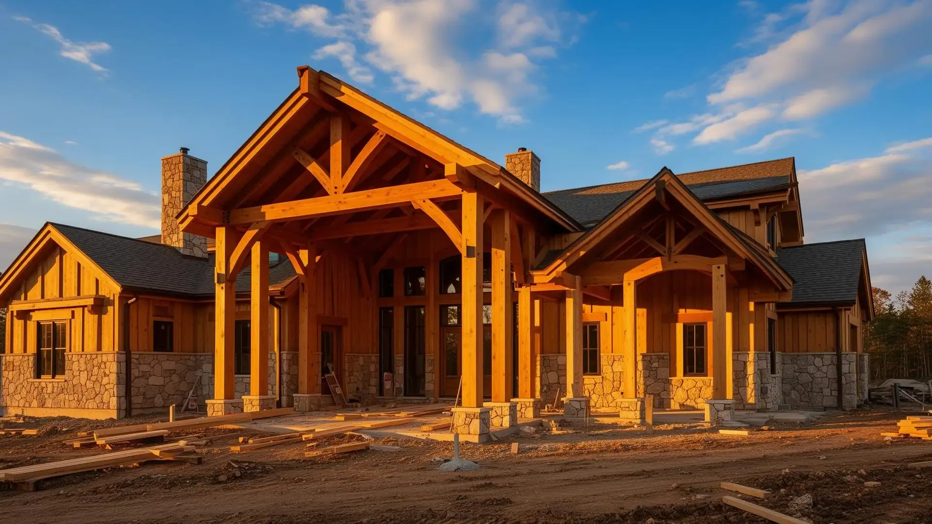 Hearthstone Design Build luxury timber frame home construction in Northern Virginia featuring exposed post and beam craftsmanship