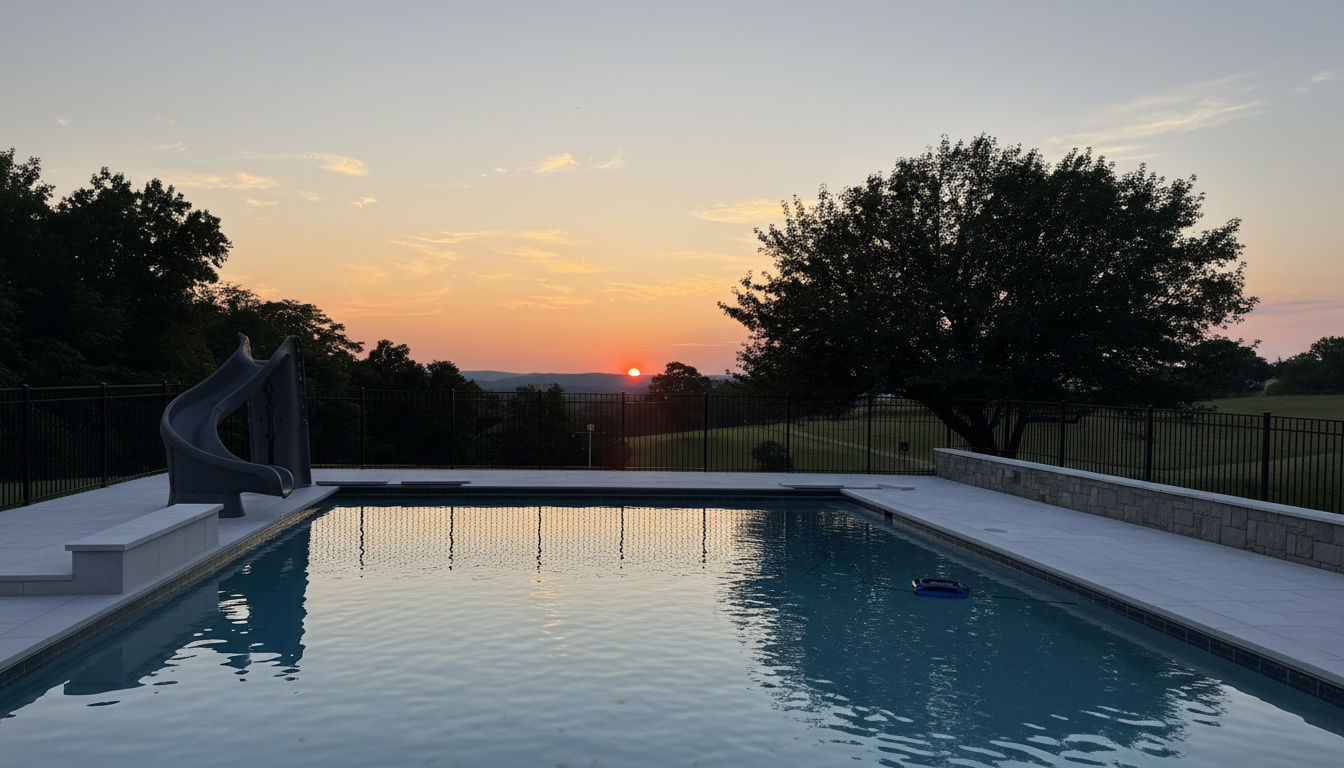 Estate pool with panoramic sunset views overlooking open land in Eastern Loudoun County, Virginia