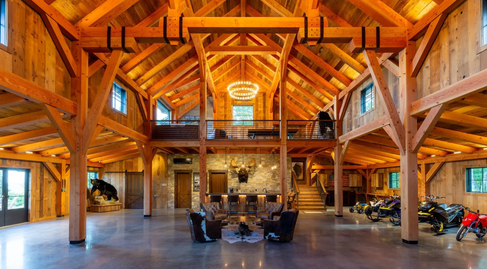 Timber frame barn interior with exposed post and beam construction — Northern Virginia | Hearthstone Design Build